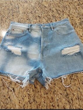 High-Rise Distressed Denim Shorts - Light Blue